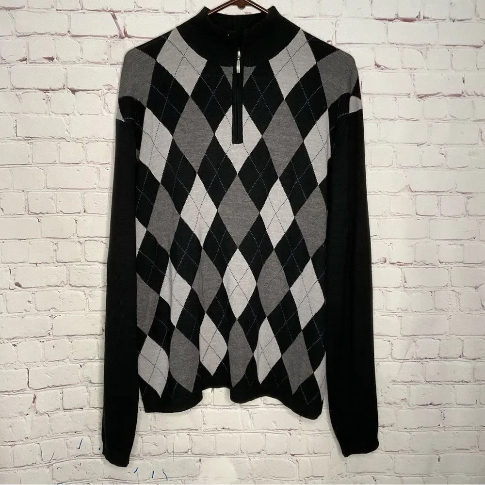 Toscano Mens Sweater Merino Wool Blend XXL Black Argyle Pullover 1/4 Zip 0103892